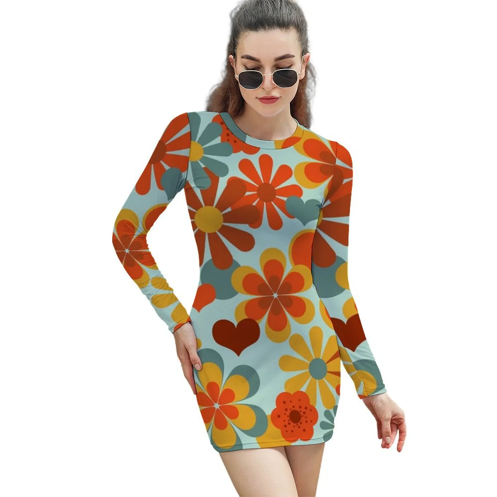 

70's Flower Power Long-Sleeved Sheath Dress Elegant gown elegant dress wedding dresses for parties summer dresses for women 2024