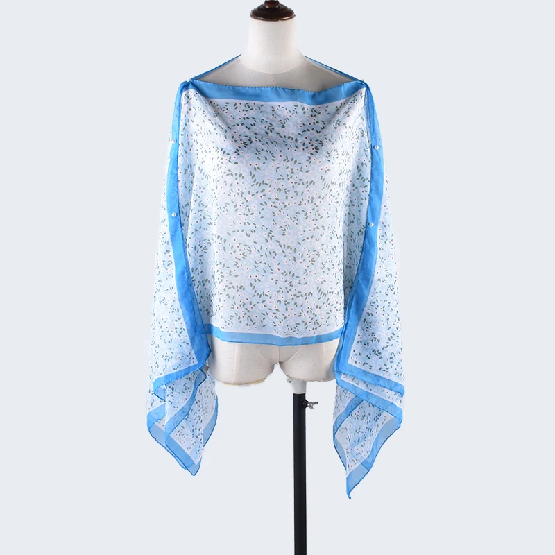 New summer women\'s thin sun protection shawl with small floral print chiffon shawl, beach towel, pearl buckle