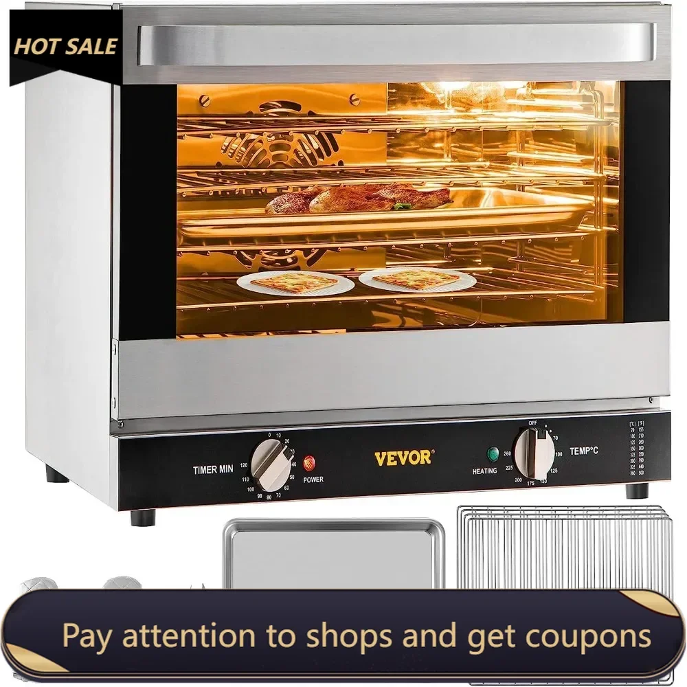 Commercial Convection Oven, 66L/60Qt, Half-Size Conventional Oven Countertop, 1800W 4-Tier Toaster w/Front Glass Door, w/Trays