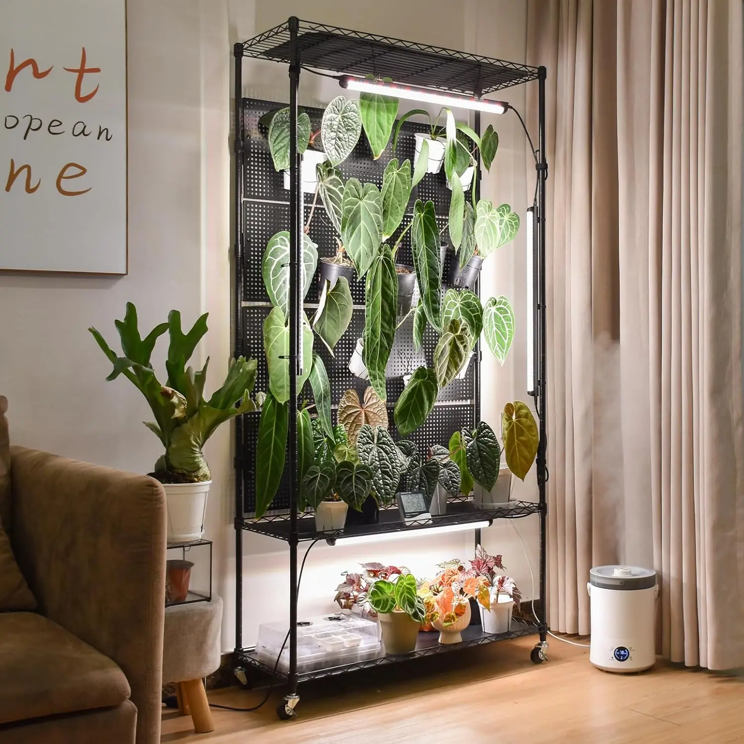 

3-Tier Plant Shelf with Grow Lights, 96W Full Spectrum, Pegboard & Timer, 71" Tall