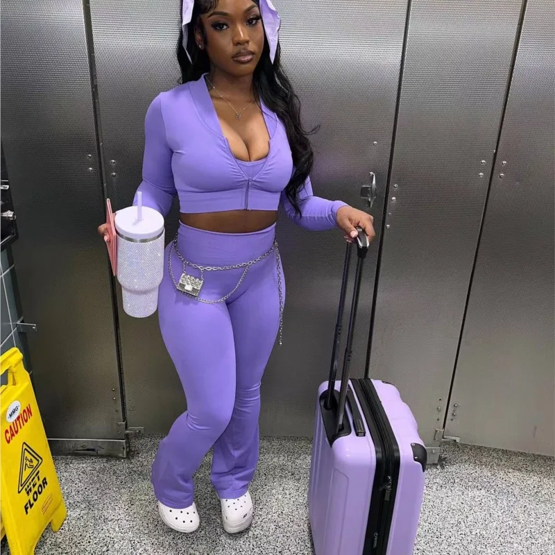 

Y2k Street Style Fashion 3-Piece Women's Sportswear Spring/Summer Zipper Umbilical Top&Tight Tank Top&Casual Stretch Pants Set