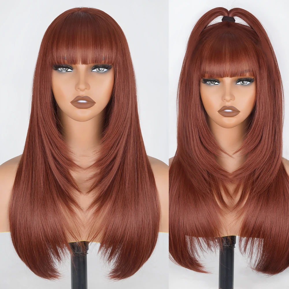 

Reddish Brown Layered Synthetic Lace Wigs With Bangs Copper Red Layered Cut Glueless Wig Straight 3X1 Lace Wigs For Black Women