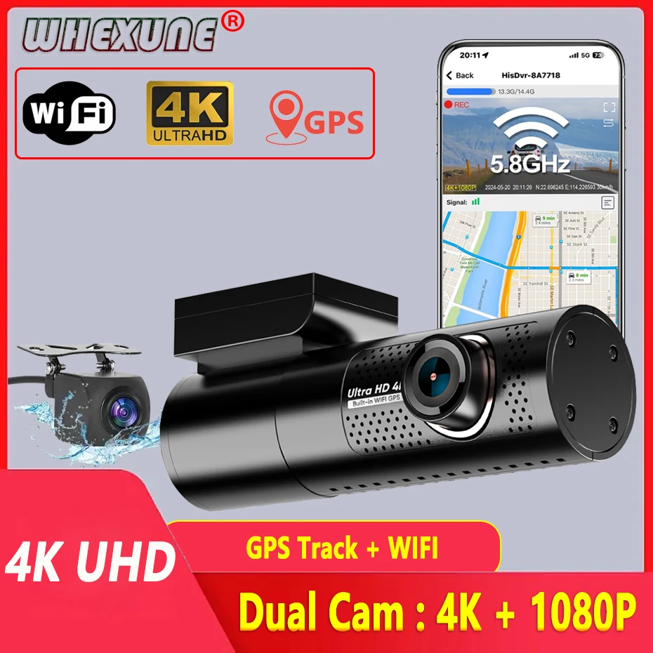 

UHD 4K dual lens driving recorder black box driving recorder car DVR 1080P rear camera built-in WiFi GPS 24-hour parking monitor