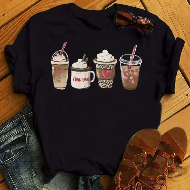 

Maycaur Fashion Women T Shirt Harajuku Cute Valentine Coffee Heart Printed Tshirt Funny Short Sleeve T-Shirt Cartoon Tops Tees