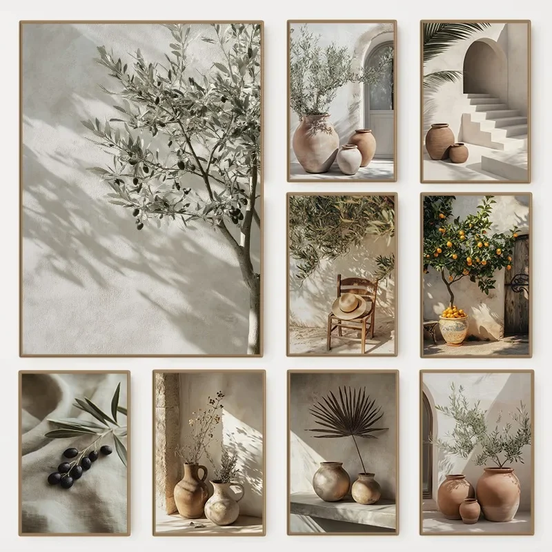 Minimalistische Natur, botanischer Olivenbaum, Keramik, Poster, mediterranes Stillleben, Leinwandgemälde, Wandkunst, rustikales Zimmer, Heimdeko