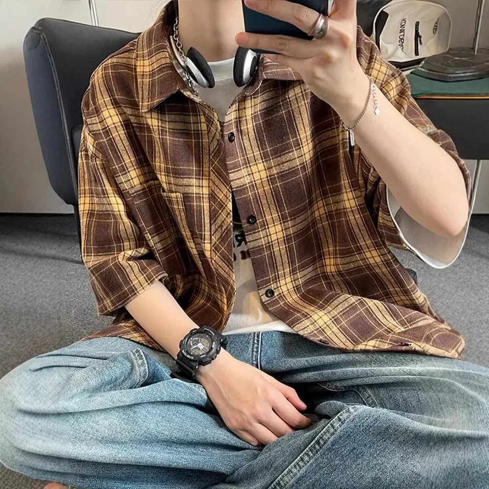 

Summer Casual Plaid Short Sleeve Shirt For Men Japanese Vintage Loose Shirts For Men Korean Fashion Cargo Shirts Streetwear