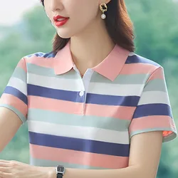 Women's Cotton Short-Sleeved T-shirt, 2023 Summer Latest Striped Casual Sports Lapel Elegant Polo Shirt