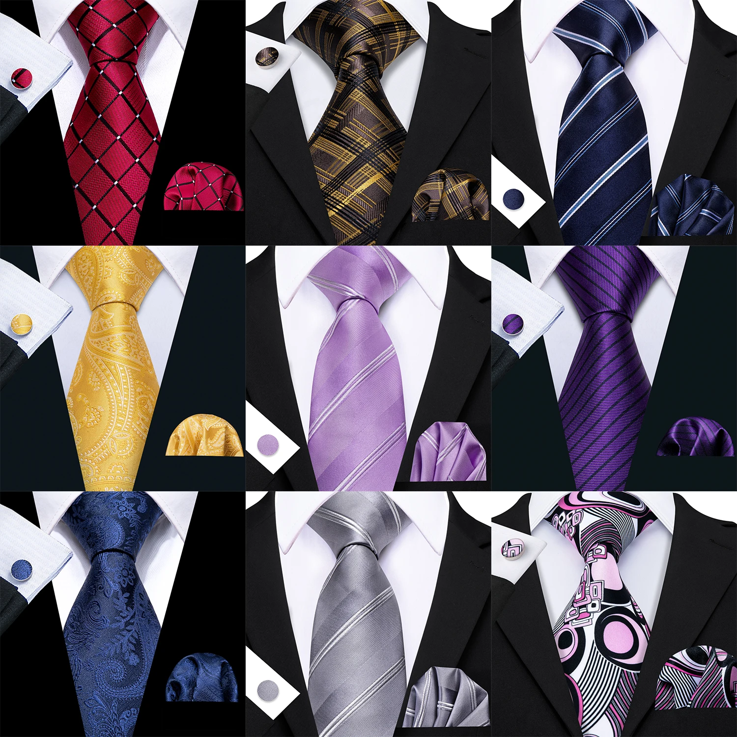 Herren-Krawatte, Schwarz, Blau, Grün, Rot, Paisley-Blumenmuster, Einstecktuch, Manschettenknöpfe, Set, Krawatte, formelle Hochzeit, Dinnerparty