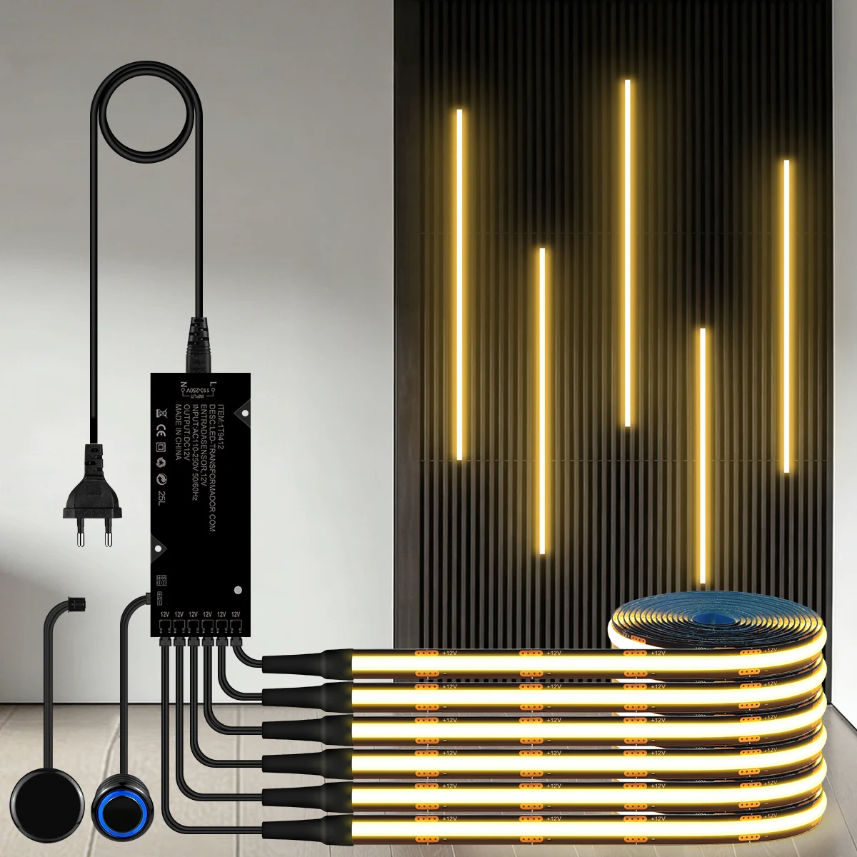 2 Switches, Penetrable Wood Hand Scan , Touch Sensor Dimmable COB LED Strip Light Black PCB For Acoustic Grille Wall Panel Decor