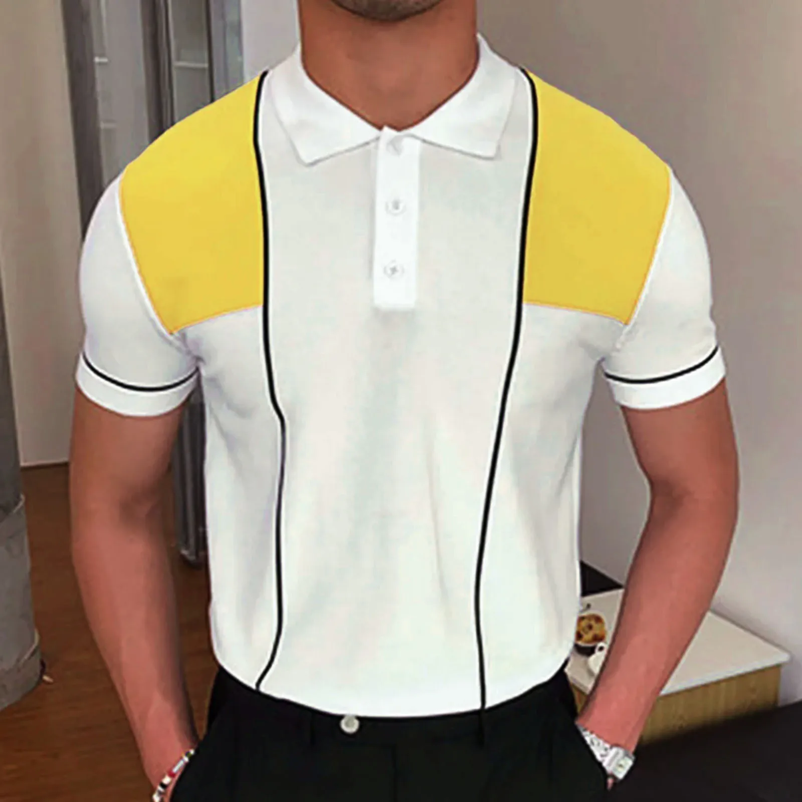 

European and American men's spring and summer new contrast color knitted sweater short sleeve business casual polo shirt men