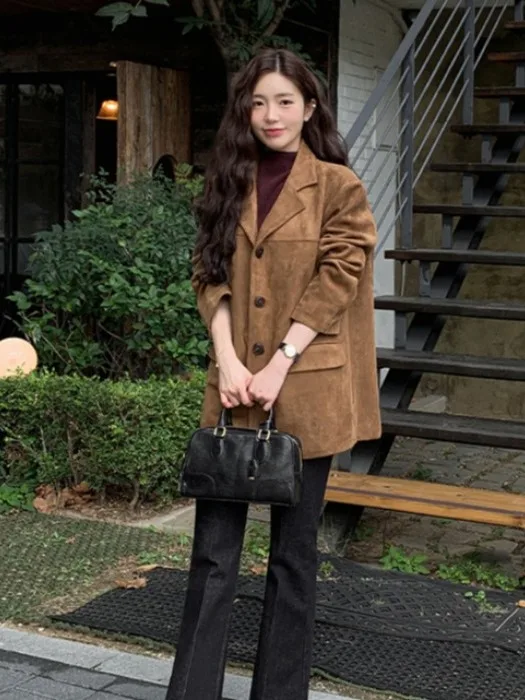 Traje Retro de gamuza con un solo botón Jaet para mujer, cuello elegante y adelgazante, Top versátil, ropa de trabajo coreana para ir al trabajo