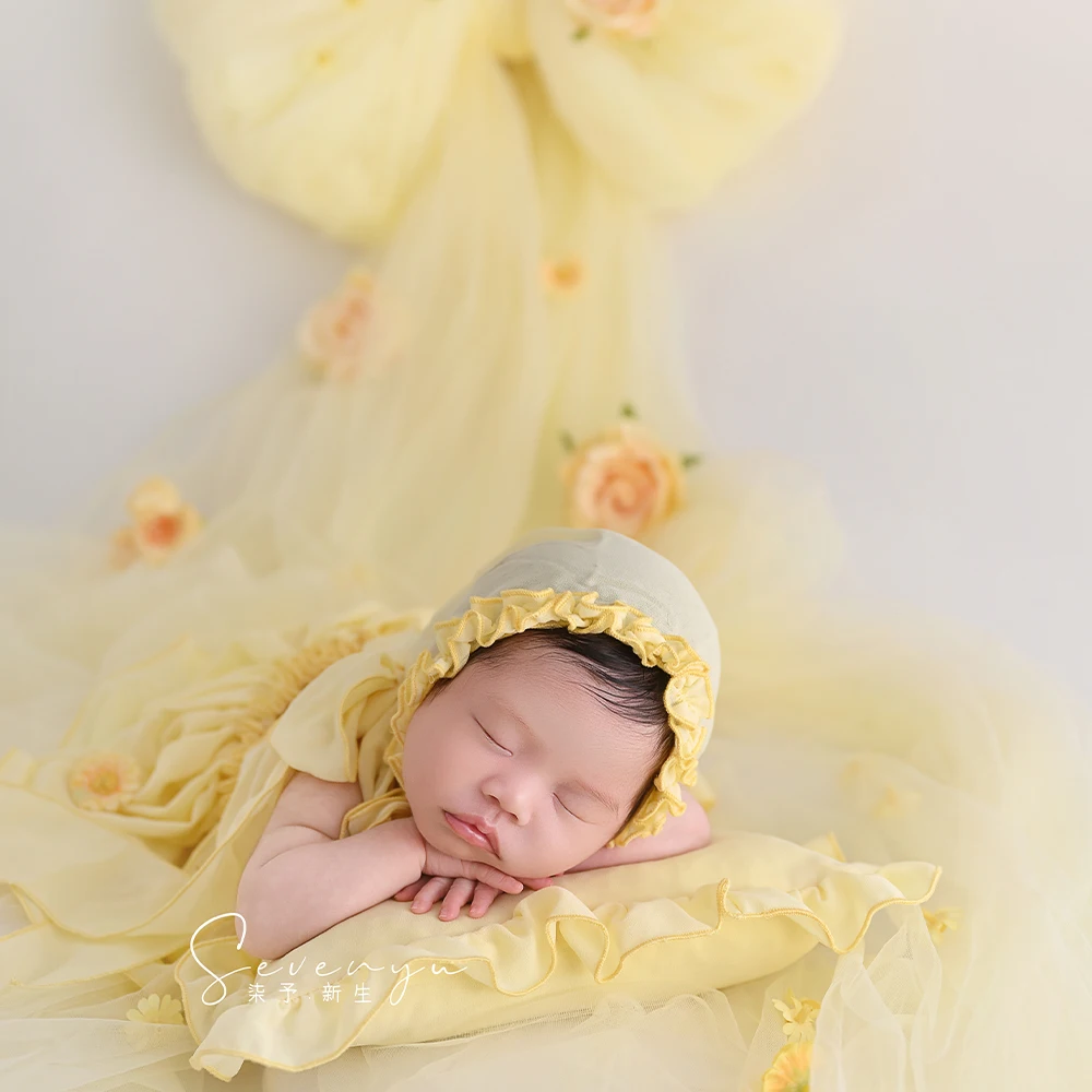مجموعة دعائم التصوير الفوتوغرافي لحديثي الولادة زي من الدانتيل باللون الأصفر الكريمي مع عصابة رأس على شكل قبعة وإكسسوارات للأطفال لدعائم التقاط الصور في الاستوديو #5