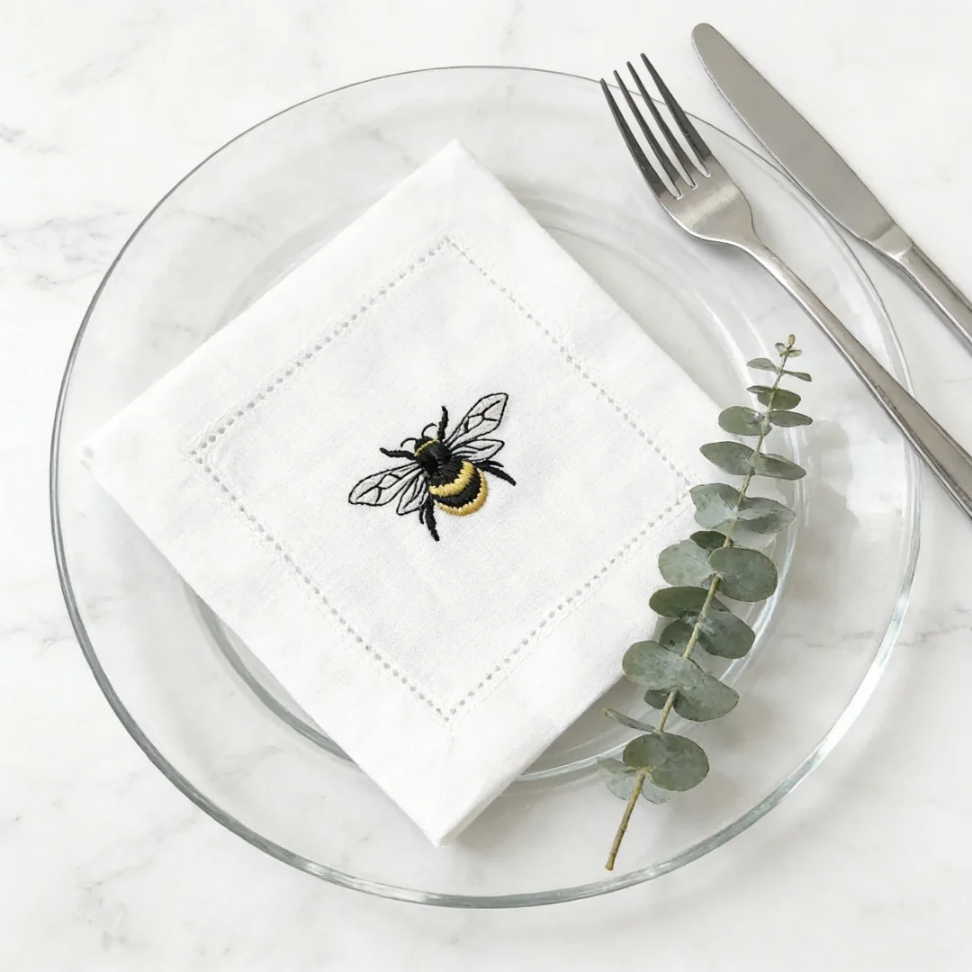 Linen Cotton Napkin Bee Embroidery Handmade Cutwork Placemat Coaster Punch Corner Stitched Edge Table Decor