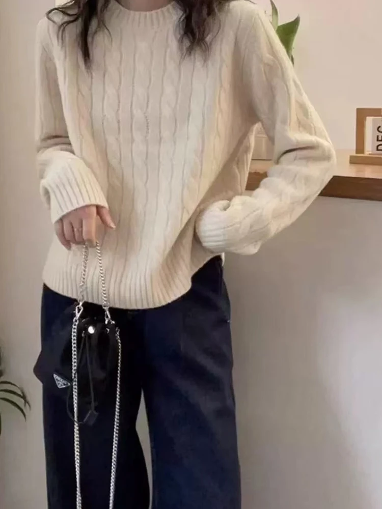 Maglione da donna in cashmere ispessito, girocollo, vestibilità ampia, top con fondo per maglieria alla moda autunno inverno