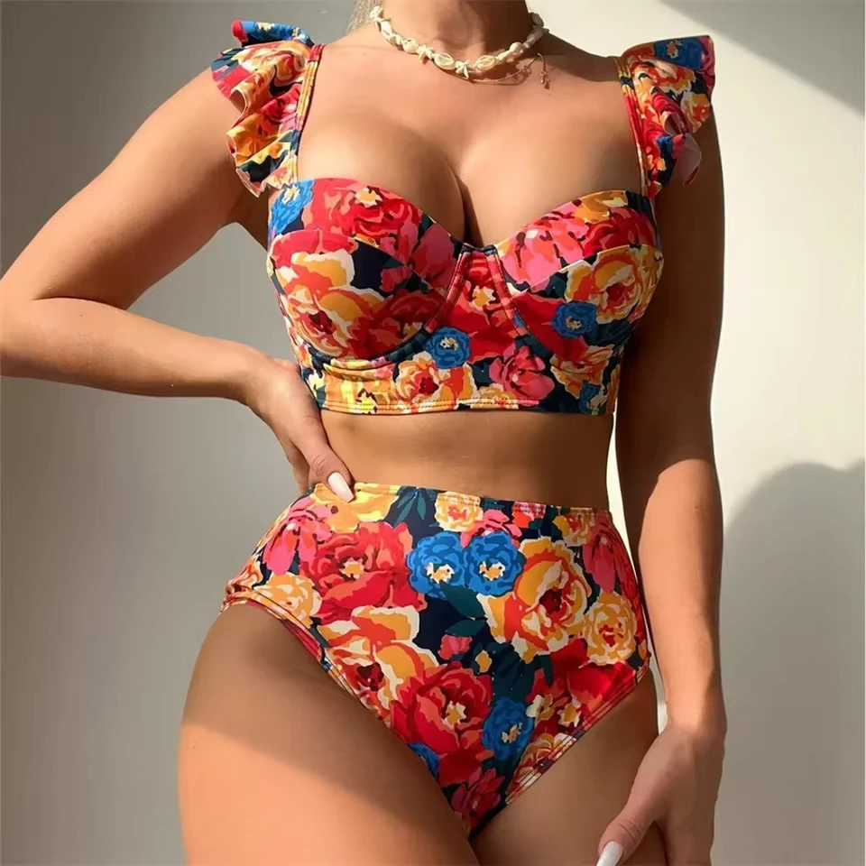 Cute Ruffles Floral Bikini Push Up Swimsuit High Waist Swimwear Women Trend Beach Bikinis Bath Swim Suits Mayo Biquinis Feminino
