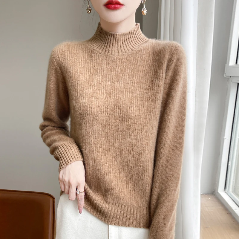 Thick Semi-turtle Neck Women's 100% Merino Wool Pullover In Autumn and Winter Fashion Solid Color Plaid Knitted Women's Tops