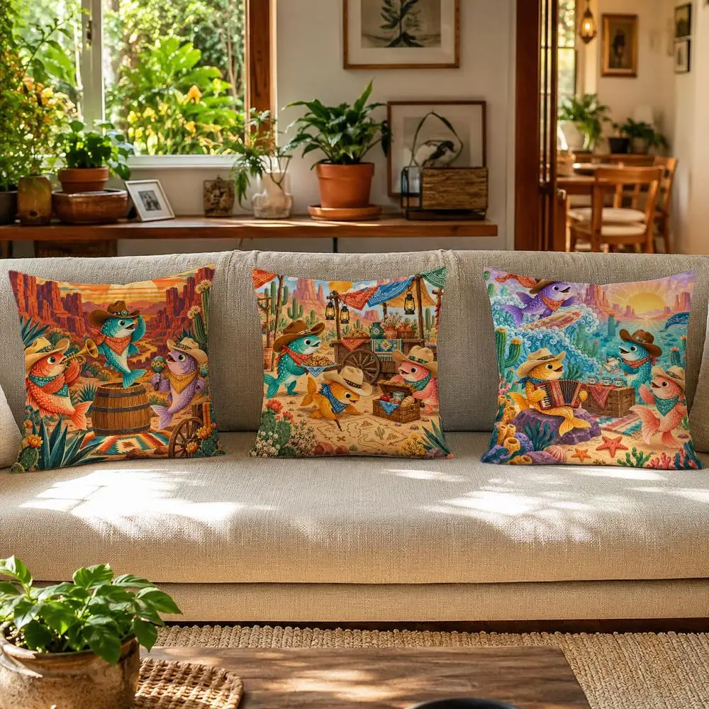 Cowboy Fish Picnic Cartoon Art Cushion Cover Skin-Friendly Organic Linen Pillow Cover Durable Hypoallergenic Washable Soft