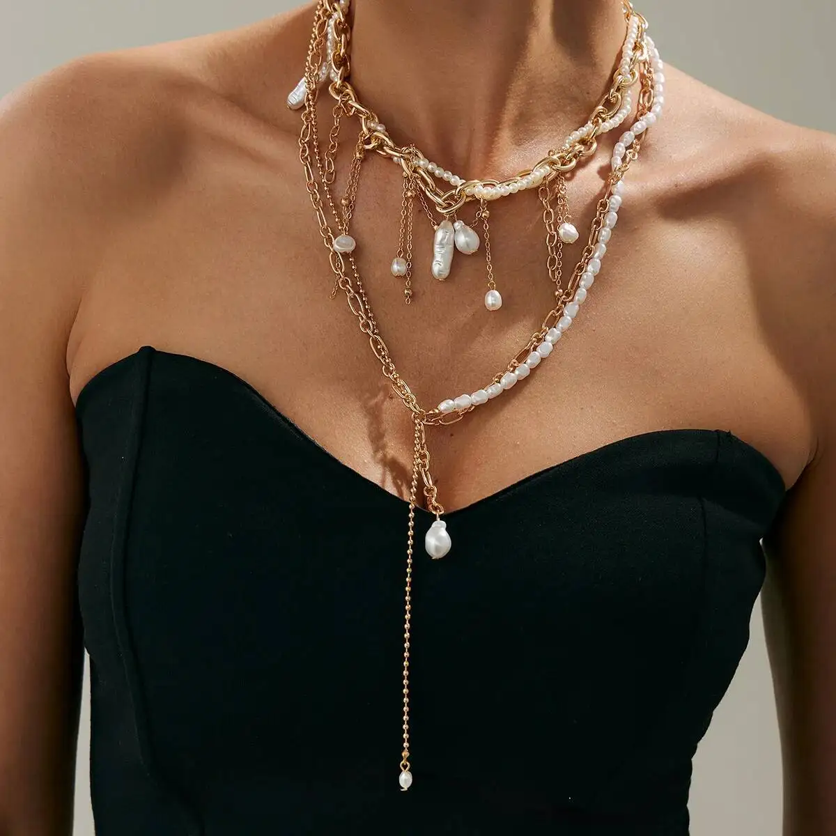 

SHIXIN 2Pcs/Set Elegant Imitation Pearl Long Pendant Necklace for Women Vintage Stackable Necklace Sweater Chain Wedding Jewelry