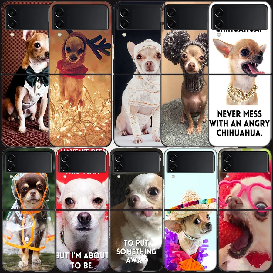 Cute Pet Chihuahua Dog Case for Samsung Galaxy Z Flip 6 Flip 5 4 3 5G Black Cell Phone Cover Samsung Z Flip 5 5G Luxury PC Sh