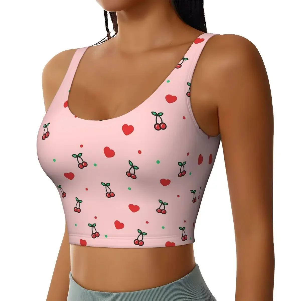 Custom Cherry Heart Design Pattern With Pink Background Women Sports Bra High Impact Vest Gym Workout Yoga Crop Tank Tops