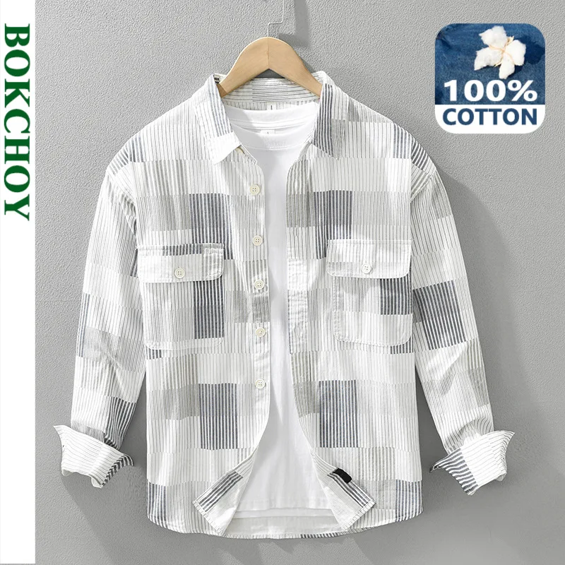 2024 Autumn New Big Pockets Striped 100% Cotton Shirts for Men Clothing Casual Loose Long Sleeve Men Shirts CM7321