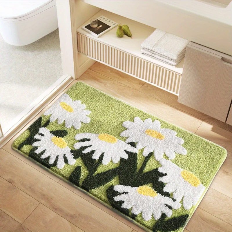 Badezimmerteppich mit Blumenmuster, saugfähig, schnell trocknend, verdickt, Badematte für Heimdekoration, frischer Stil, waschbar, hygienische Badezimmer-Bodenmatte
