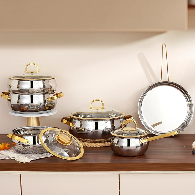 Gold  Stainless Steel Cookwareware Set, Three-layer Steel Design with Glass Lid and Non Stick Pot