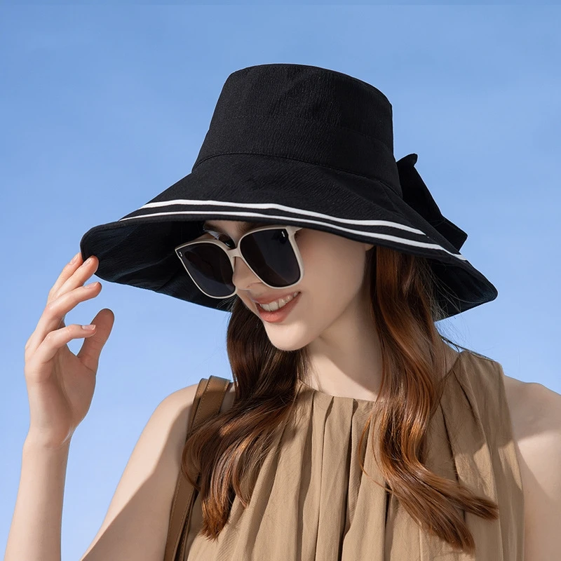 Women Summer Folding Bucket Hat for Beach Holiday Lady Spring Striped Bowler for Outdoor Sunscreen Elegant Sun Protection Cap