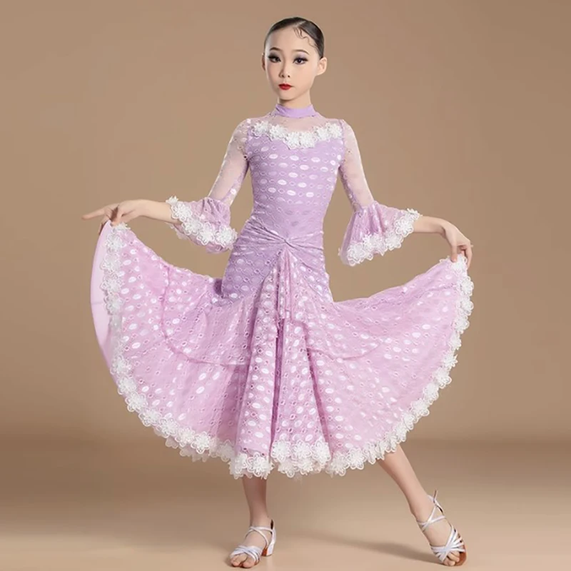 Paars Kant Wals Tango Ballroom Jurk Kinderen Meisjes Professionele Prinses Grote Visgraat Rokken Moderne Dansen Danskleding Kostuums