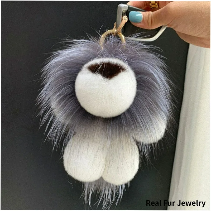 Cute Lion Real Rex Rabbit Fur Keychain Plush Toys Trinkets Women Bag Ornaments Pendant Car Keyring Rearview Mirror Decoration