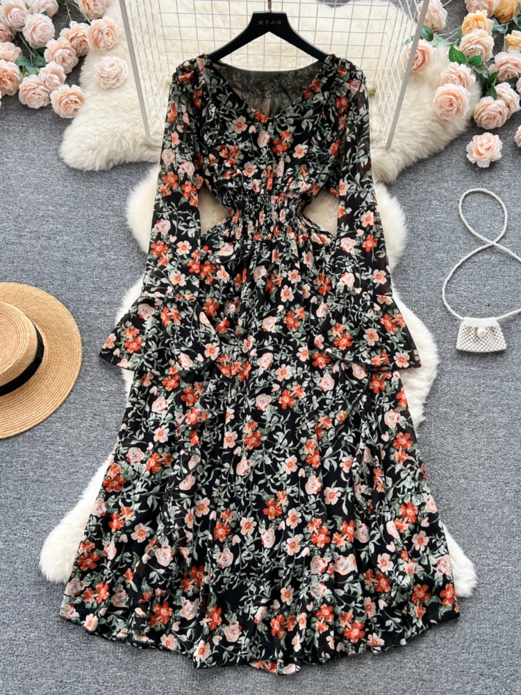 Vestido Floral de manga larga para mujer, traje de gasa con borde de loto, ajustado, para vacaciones, primavera y otoño, novedad de 2024