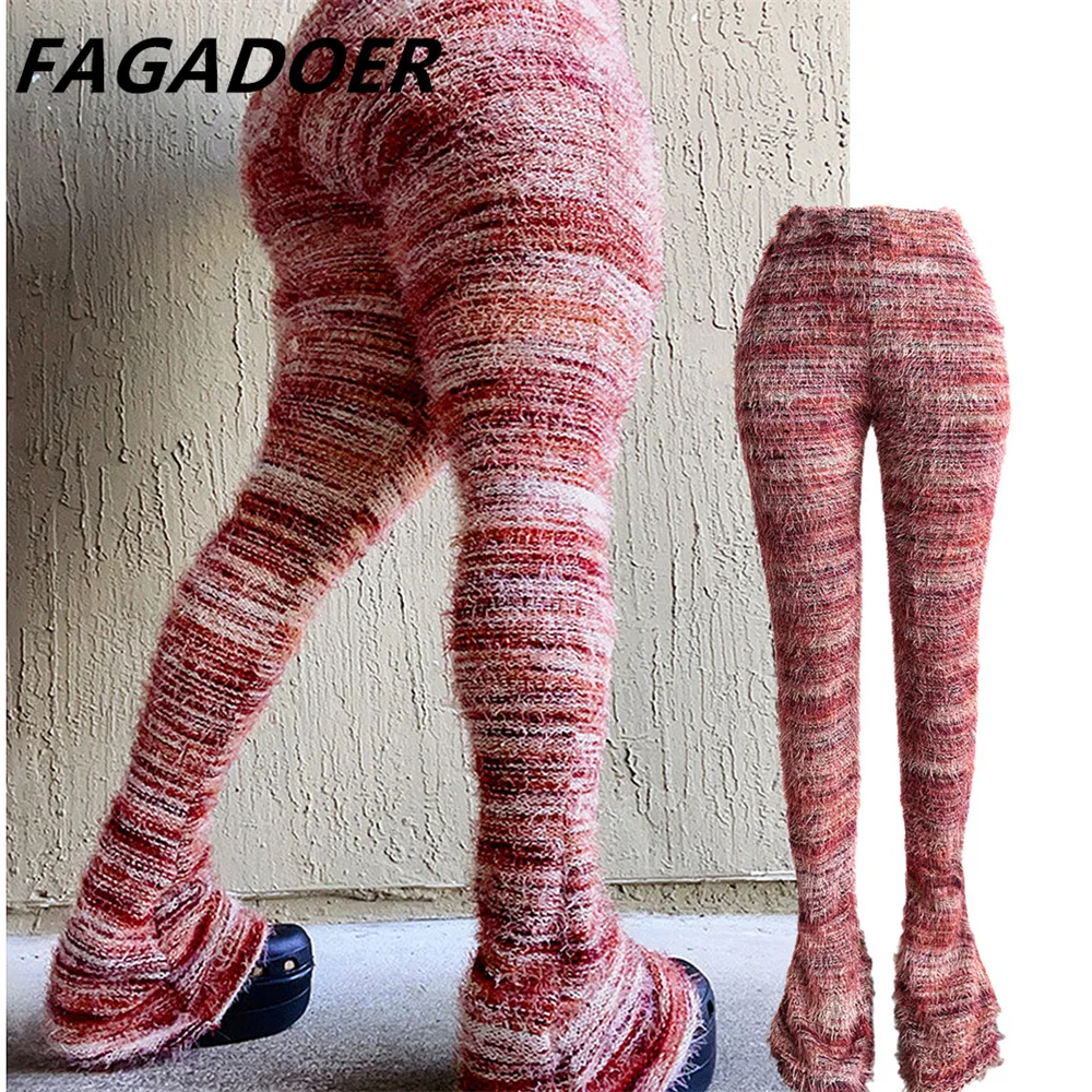 

FAGADOER Autumn Winter Fashion Fleece Colorful Stripe Print Pants Women High Waist Skinny Stacked Trousers Casual Female Bottoms