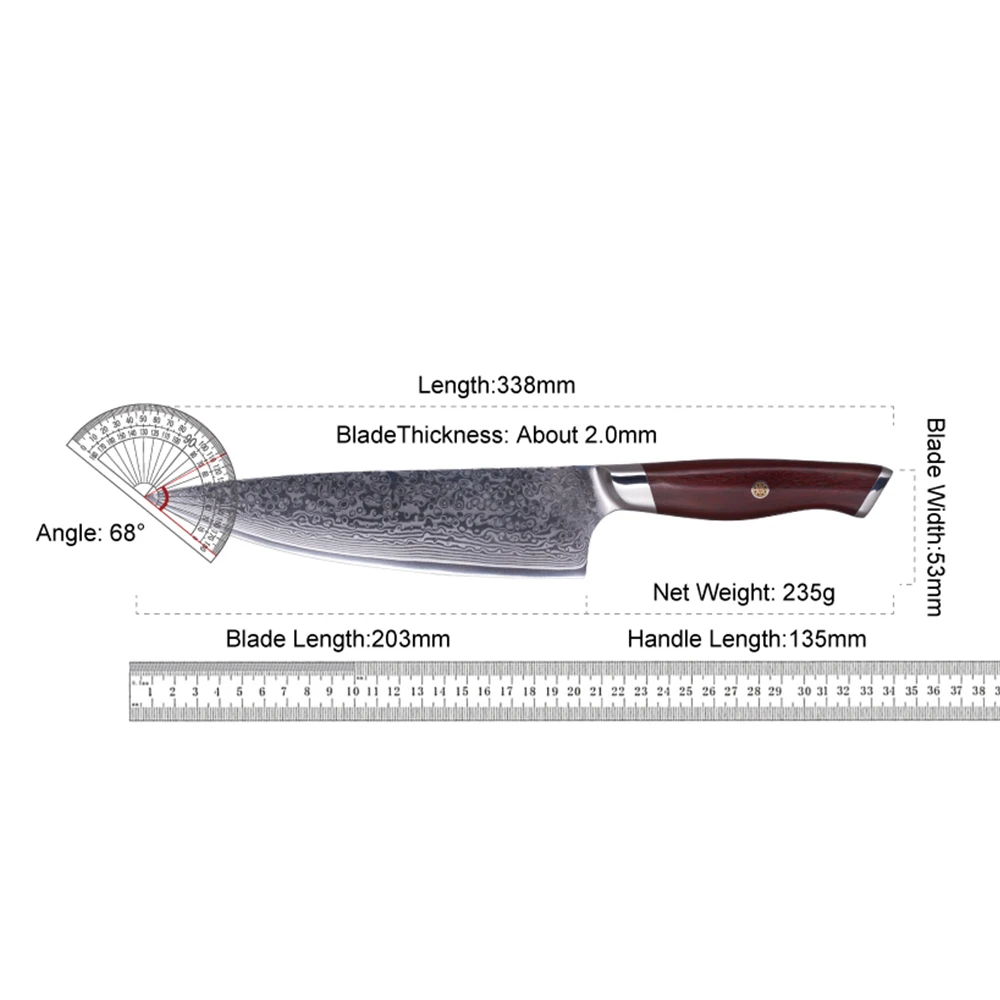 Amberknife 67 Layer VG10 Damascus Steel Rosewood Ergonomic Handle Chef Santoku Bread Utility Paring Kitchen Knife Set