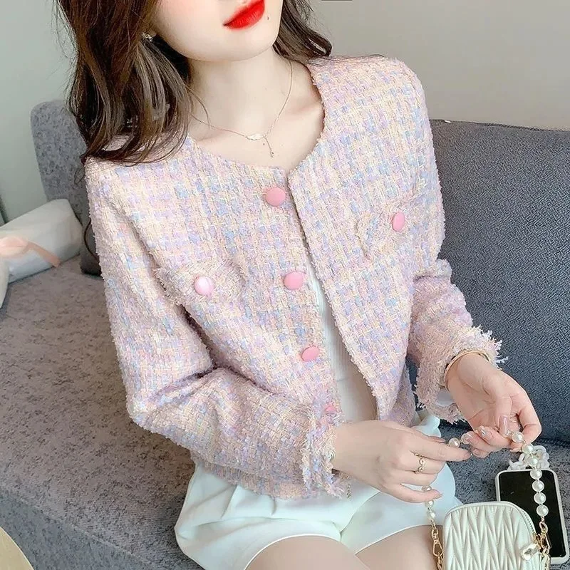 

Women Coat Short Jacket Round Collar Single Breasted Jackets Spliced Pockets Outerwear Casual Office Lady Autumn 2025 Overcoat