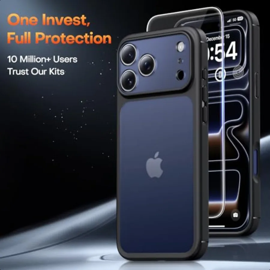 Чехол TAURI для iPhone 17 Pro Max, полная защита камеры с защитной пленкой для экрана, полупрозрачный матовый чехол в стиле милитари, защита от ударов
