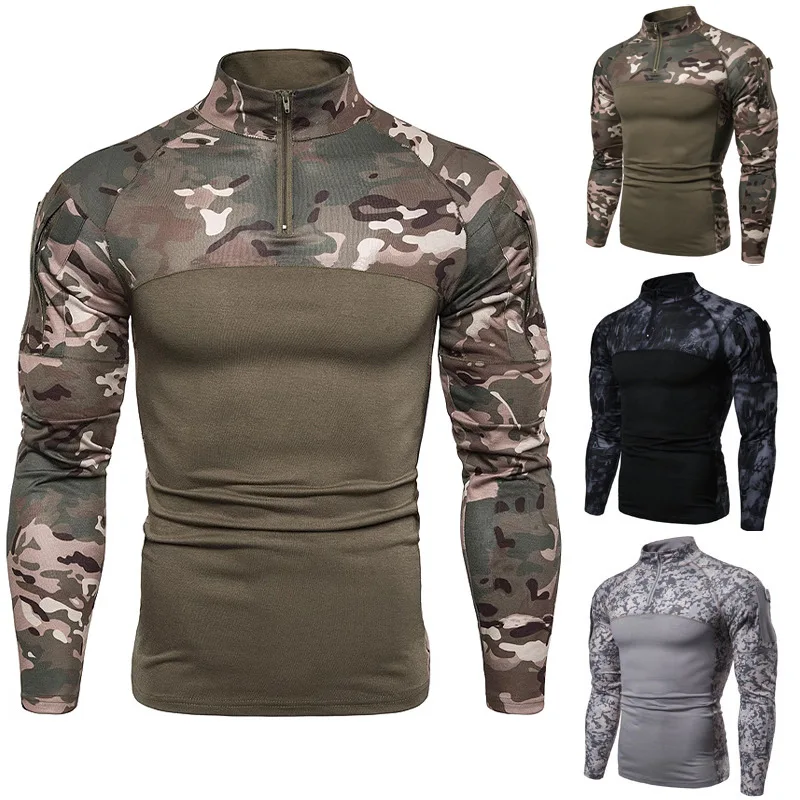 Long Sleeve Tactical Shirts CP Shirt 1/4 Zipper Ripstop Cotton Camoufalge Outdoor T Shirts Men Clothing Elastic Military Uniform