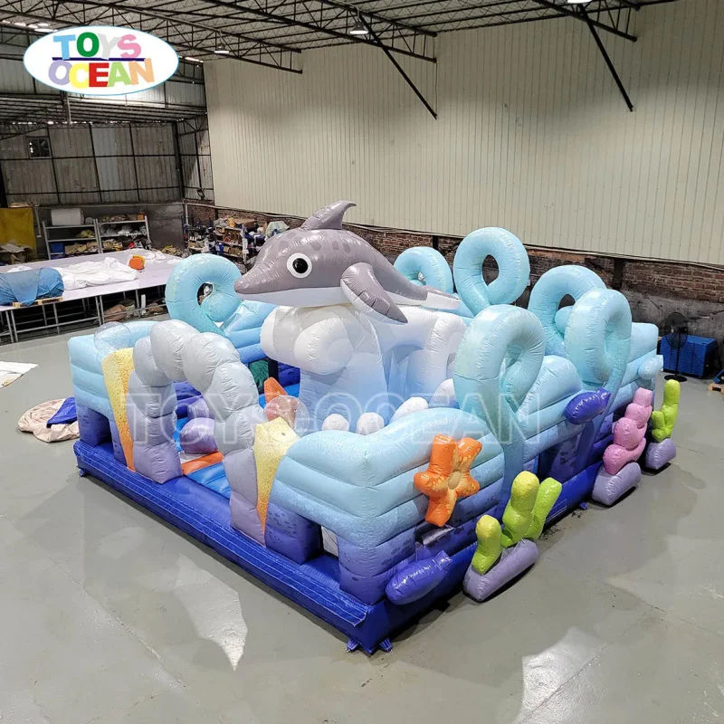TOYS-OCEAN Factory Action Small Dolphin PVC Inflatable Playground Trampoline Bounce Castle Obstacle Course Kids Commercial