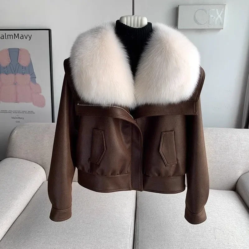 المرأة الراقية الثعلب الفراء بولي Leather سترة جلدية فضفاضة تناسب الفراء طوق معطف قصير دافئ الخريف الشتاء موضة أبلى