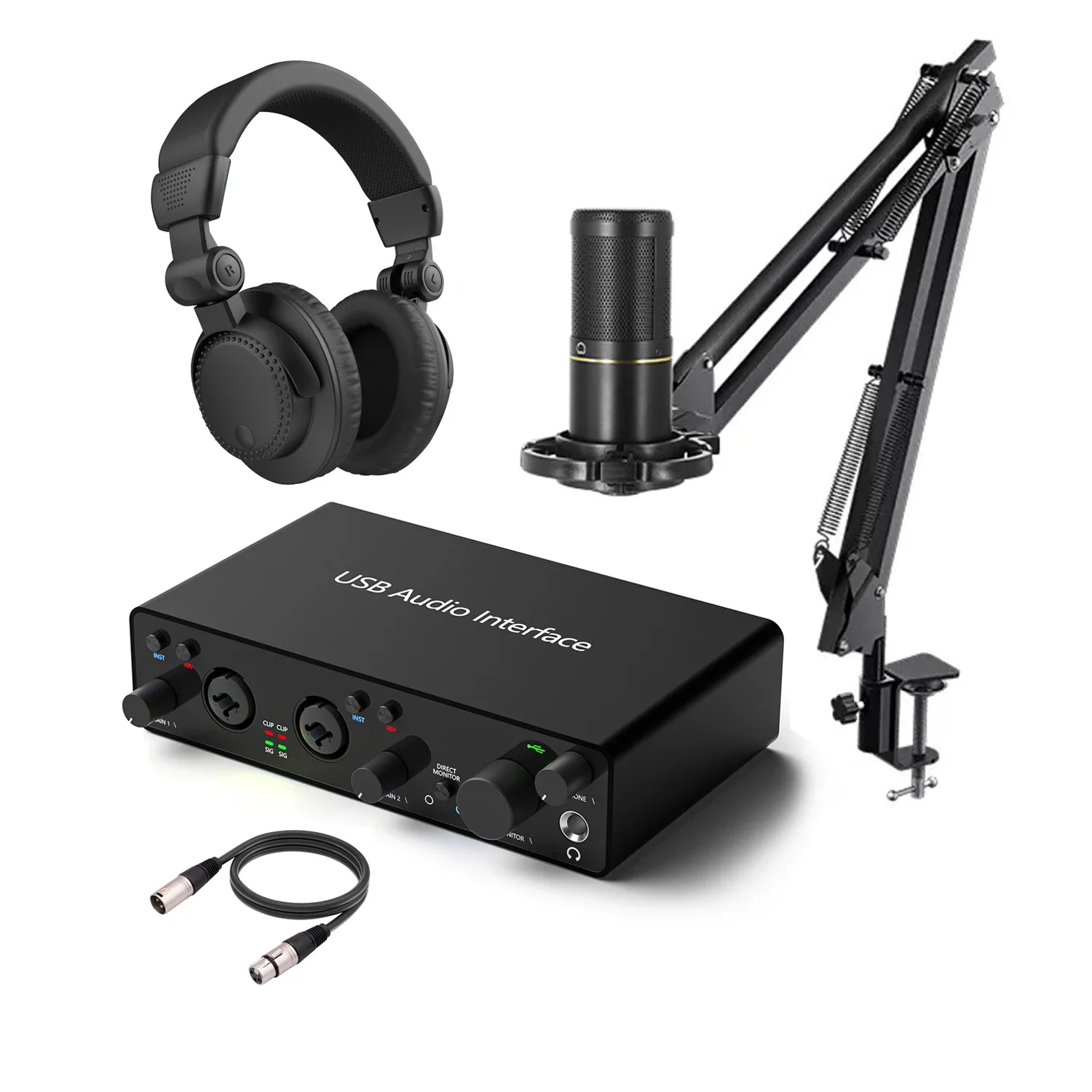 Professional XLR Condenser Studio Microphone Bundle Monitor Headphone USB Audio Interface Sound Card Kit Podcast Recording Music