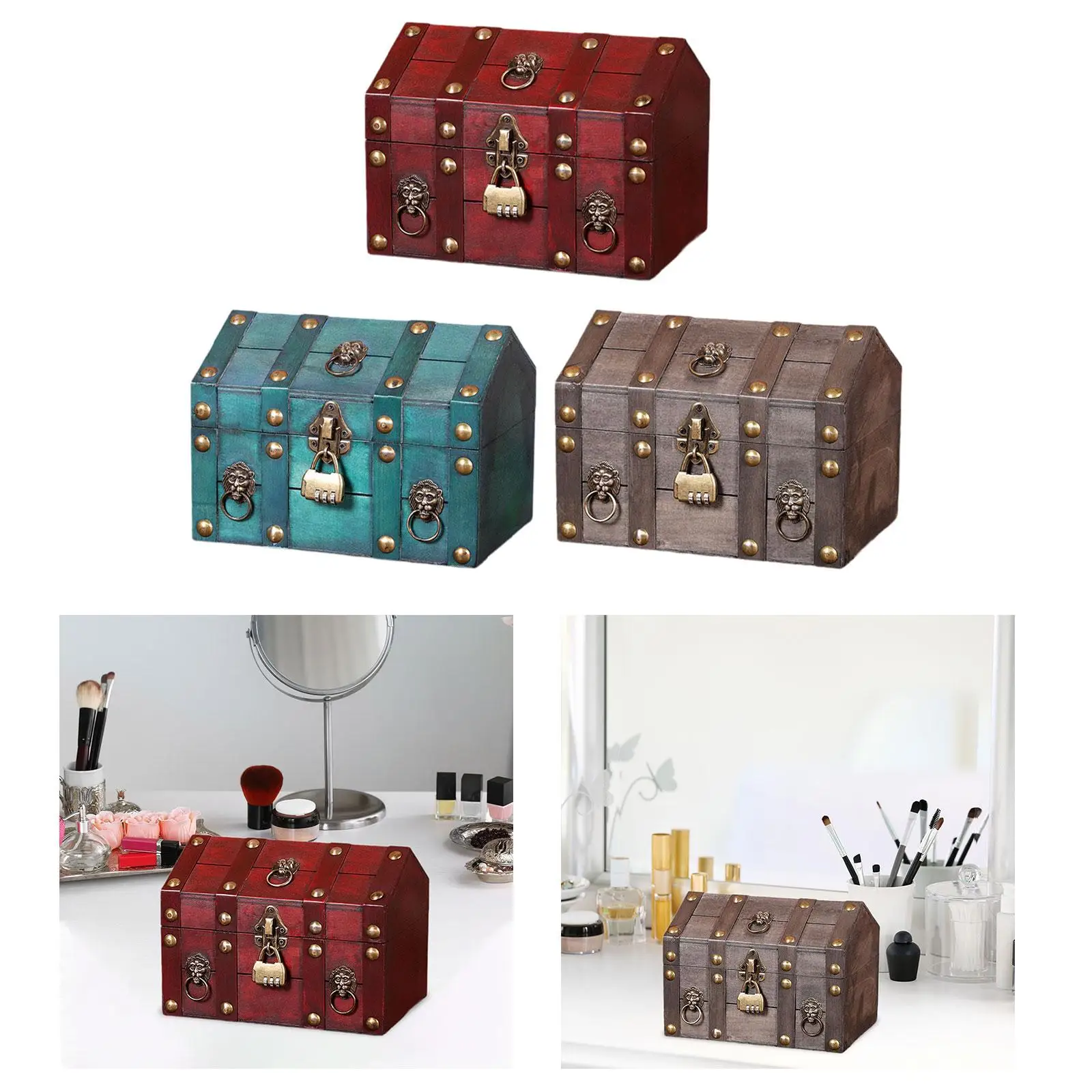 Pirate Treasure Chest with Coded Lock Wood Lockable Unique Trinket Box Vintage Design Decorative Storage Box Jewelry Box