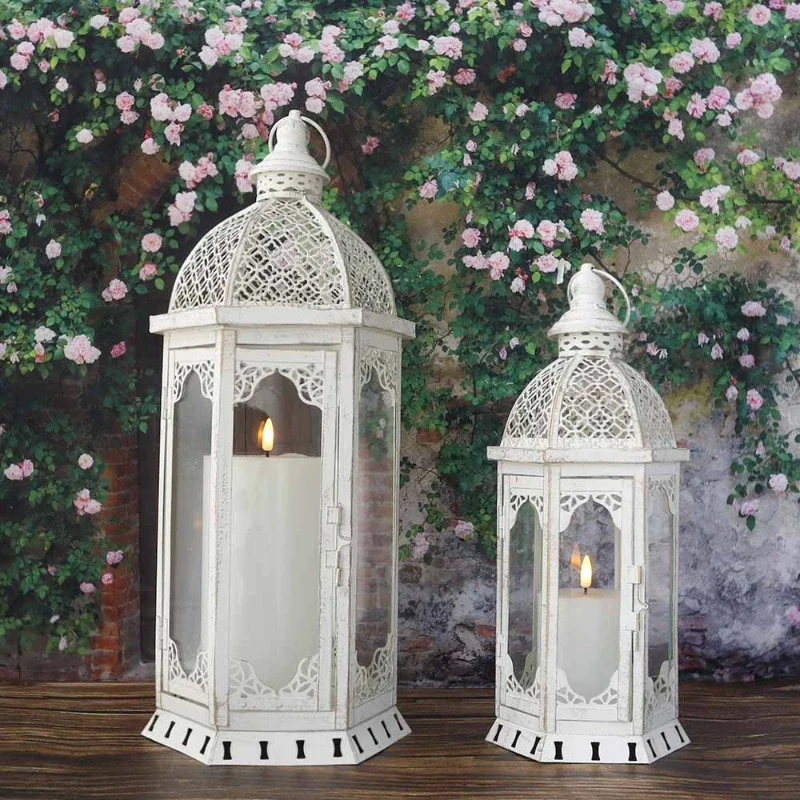 

Tower Shape Wholesale Vintage White Candle Lantern Metal Hollow Lanterns for Indoor Weddings Outdoor Garden Decoration