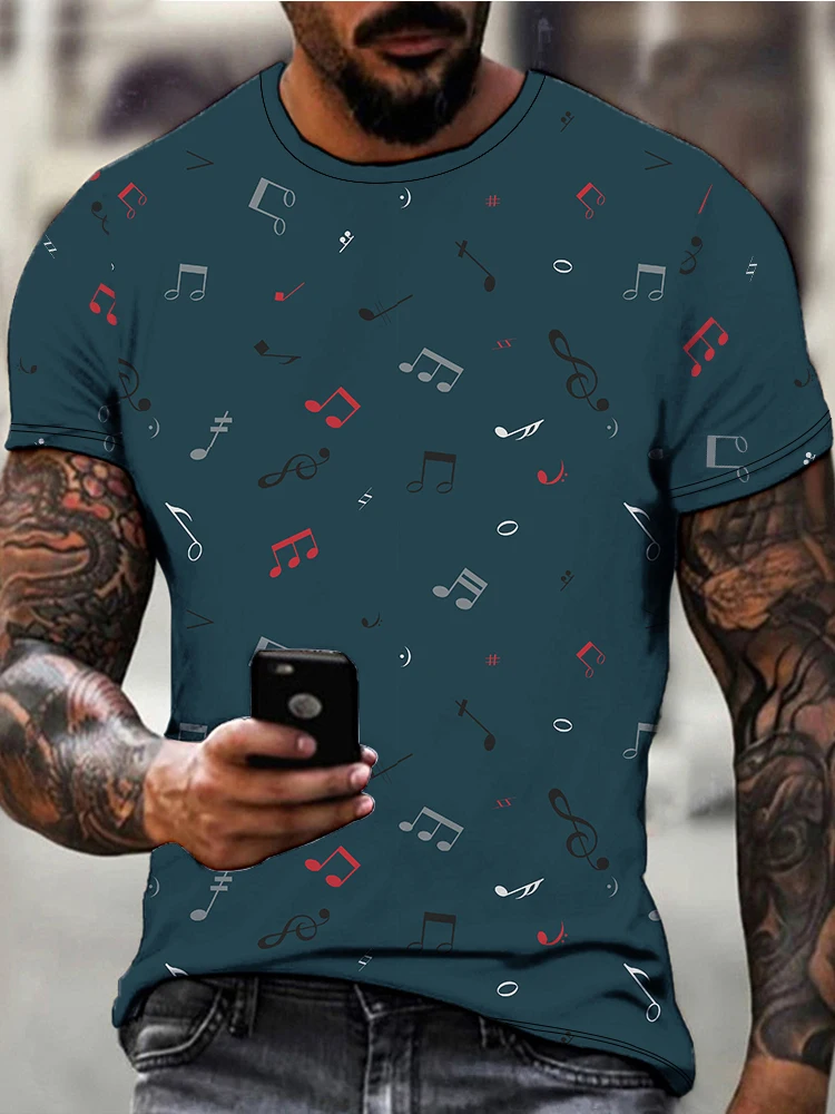 Summer men's refreshing casual round neck short-sleeved T-shirt music note 3D digital printing men's fashion tops