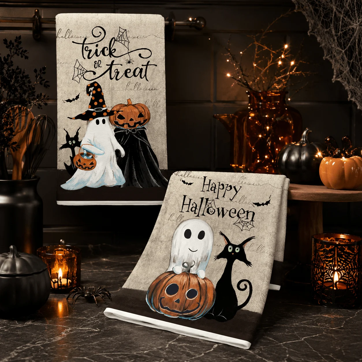 2pcs/set Halloween Kitchen Dishcloth, Towel, Hand Towel Set - Ultra-Soft, Modern Cartoon Pattern with Pumpkins And Black Cats