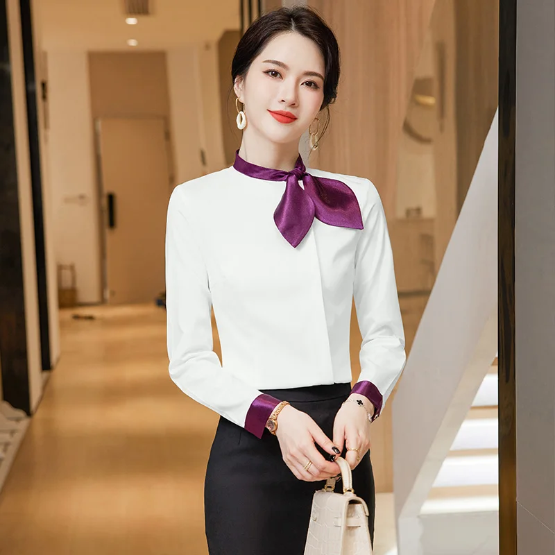 NAVIU Long Sleeve Blue Shirt Women\'s Business Uniform Formal Bow Collar Slim Blouses Office Lady Work Tops White