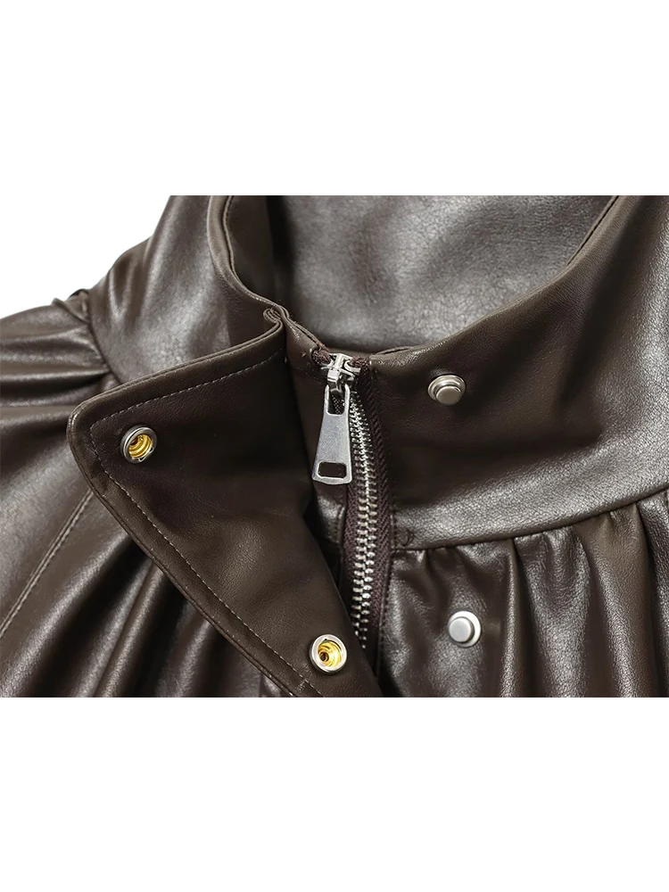 Women Vintage PU Leather Bomber Jackets Autumn New Zipper Stand Collar Long Sleeve Pocket Coat Casual Ladies Loose Streetwear