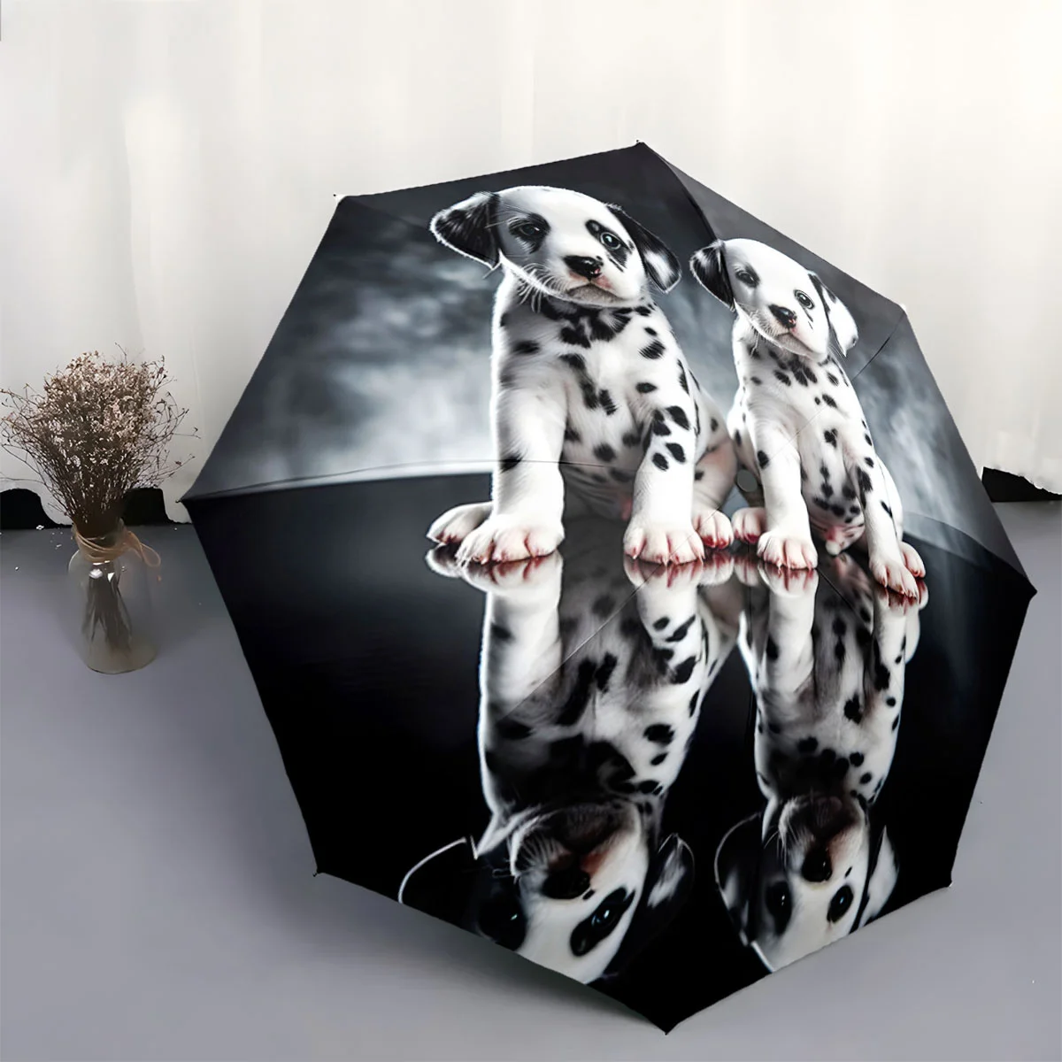 

Automatic Folding Umbrella with Dalmatian Puppies & Reflections - Portable Collapsible Design, 8-Rib Iron Frame, 210T Pongee F