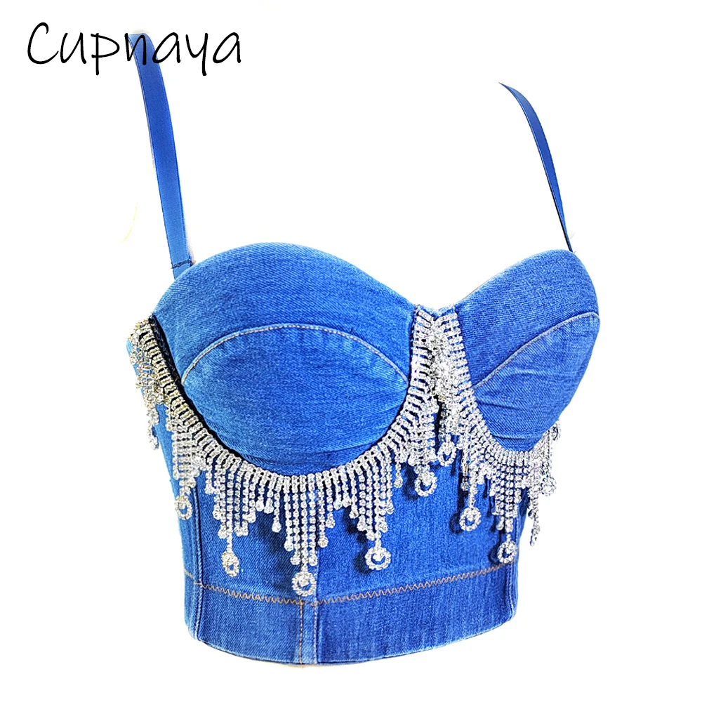 

Женское сексуальное синее джинсовое бюстье Cupnaya со стразами и бахромой, короткий корсет пуш-ап со съемным ремешком, облегающие укороченные топы для карнавала
