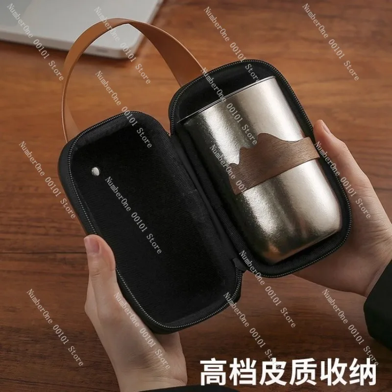 Pure Titanium Tea Set Outdoor Portable Travel Brewing Kit Double Wall Anti Scald Teaware Infuser Pure Titanium Cup with Gift Box