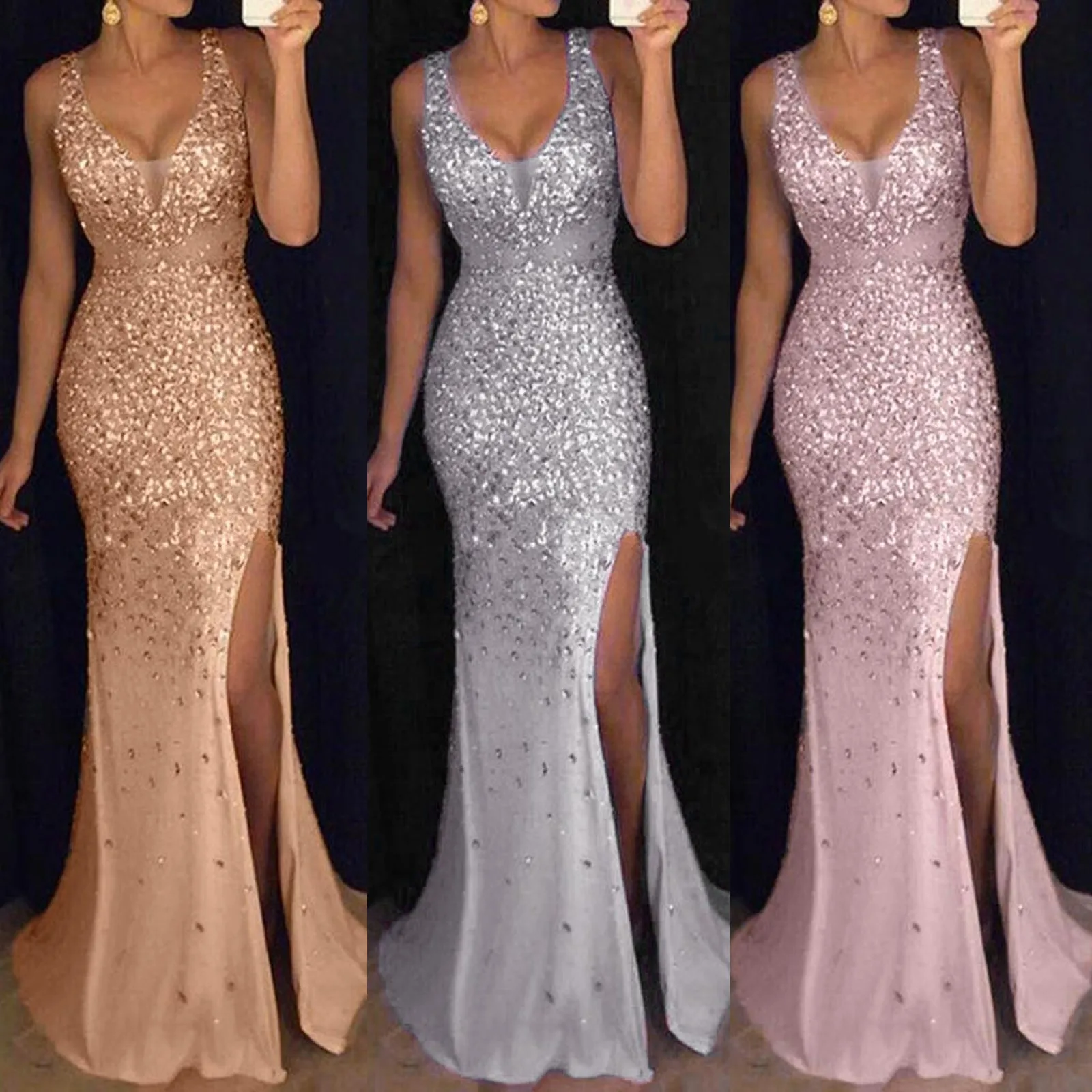 Women's Formal Dresses Sleeveless Glitter Sparkly Sequins Side Slit Elegant Party Dresses For Women Cocktail Prom Evening Dress