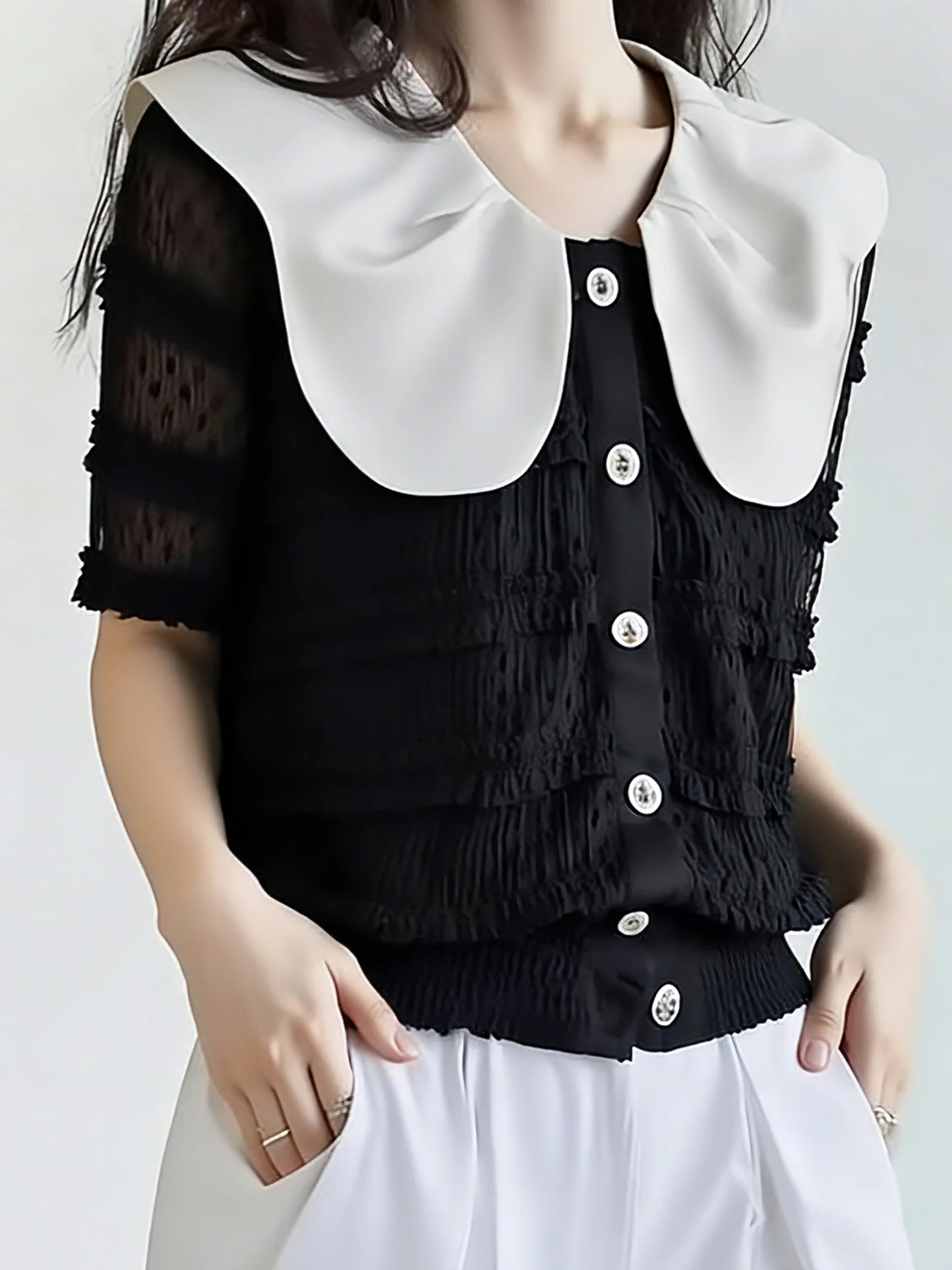 Loose Casual Slim Short Sleeve T-Shirt Single Button Color Block Design Fashionable Spring Autumn Women's Top Korean Style